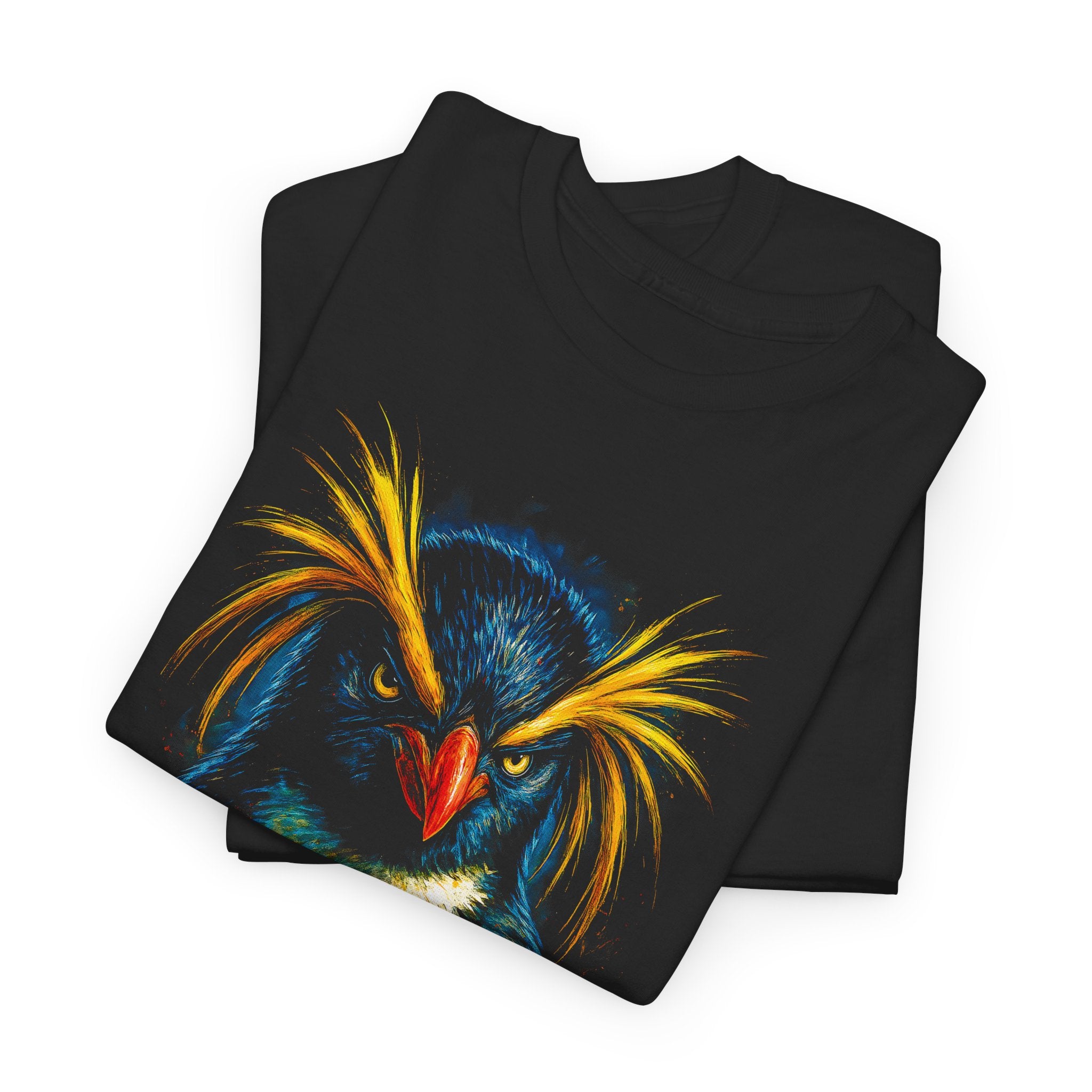 Black t-shirt with a colorful bird design on a white background