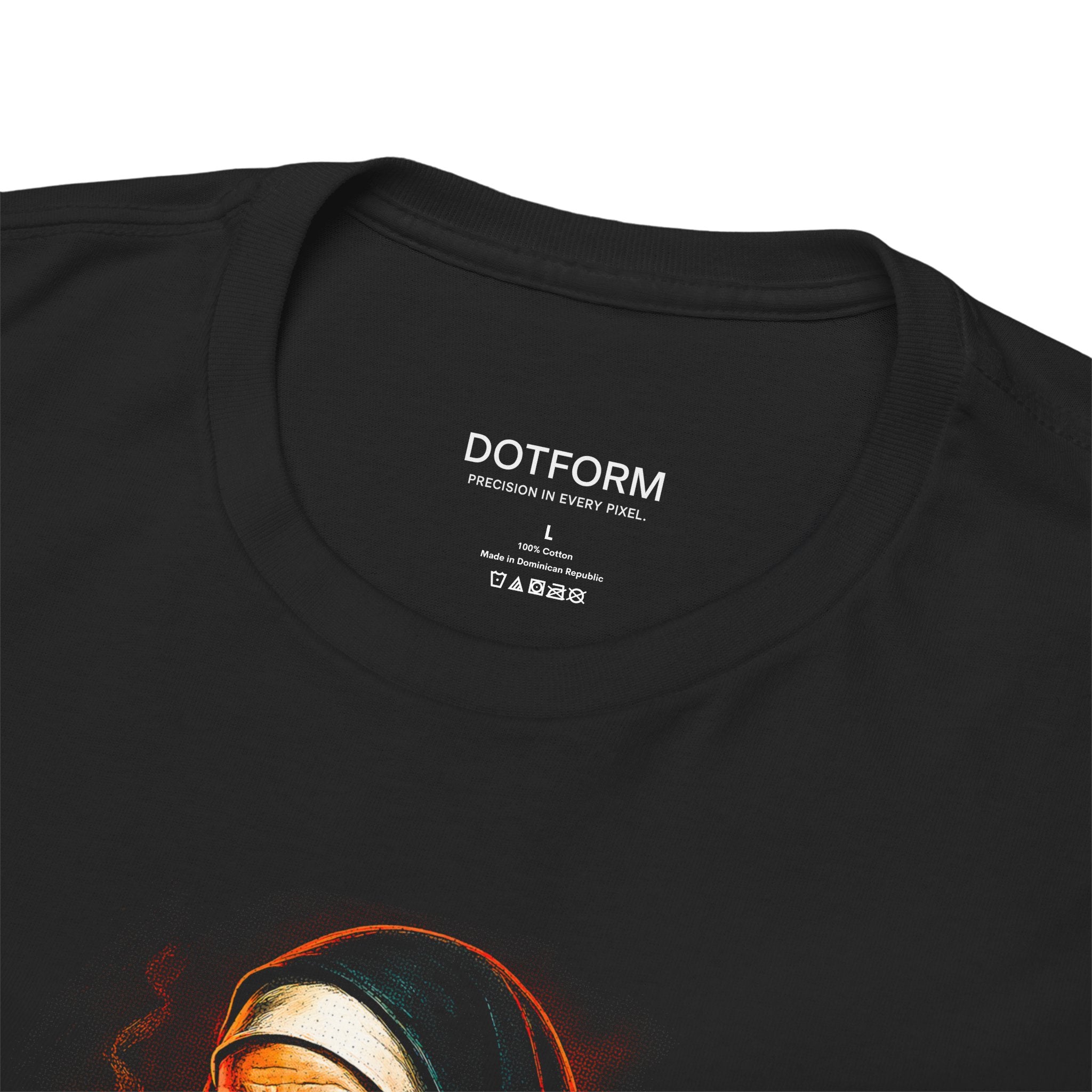 Black t-shirt with a graphic design and 'DOTFORM' branding on a white background