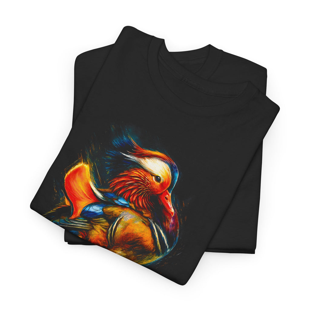 Black t-shirt with a colorful duck design on a white background