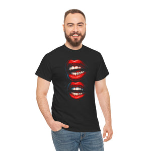 Man wearing a black t-shirt with red lips design on a white background