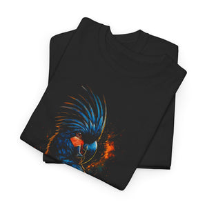 Black t-shirt with a colorful parrot design on a white background