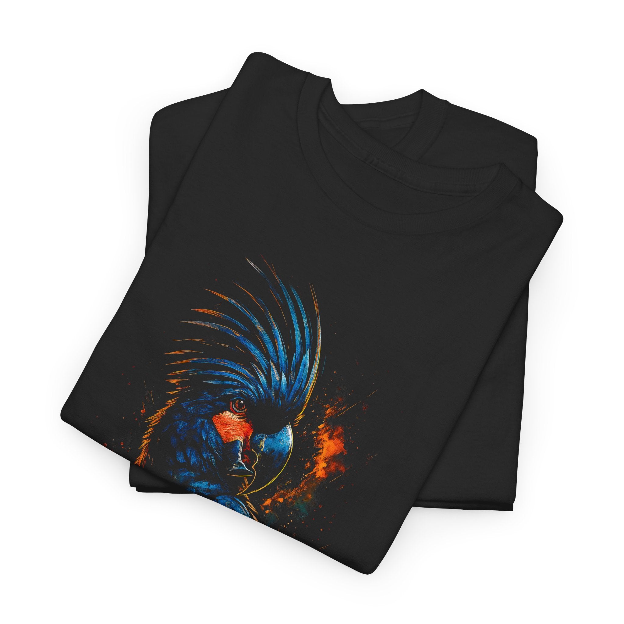 Black t-shirt with a colorful parrot design on a white background