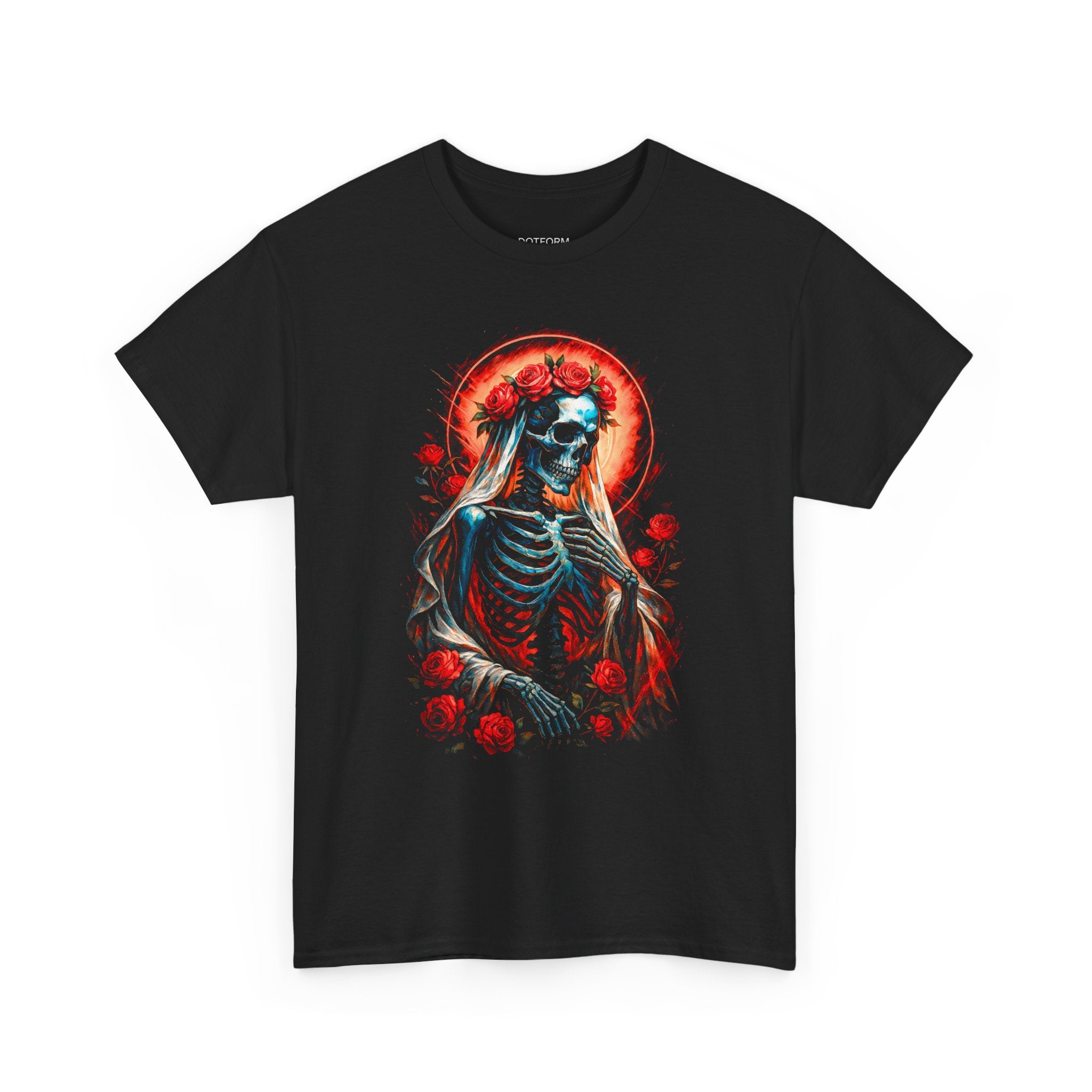 Black t-shirt with a skeleton and roses design on a white background