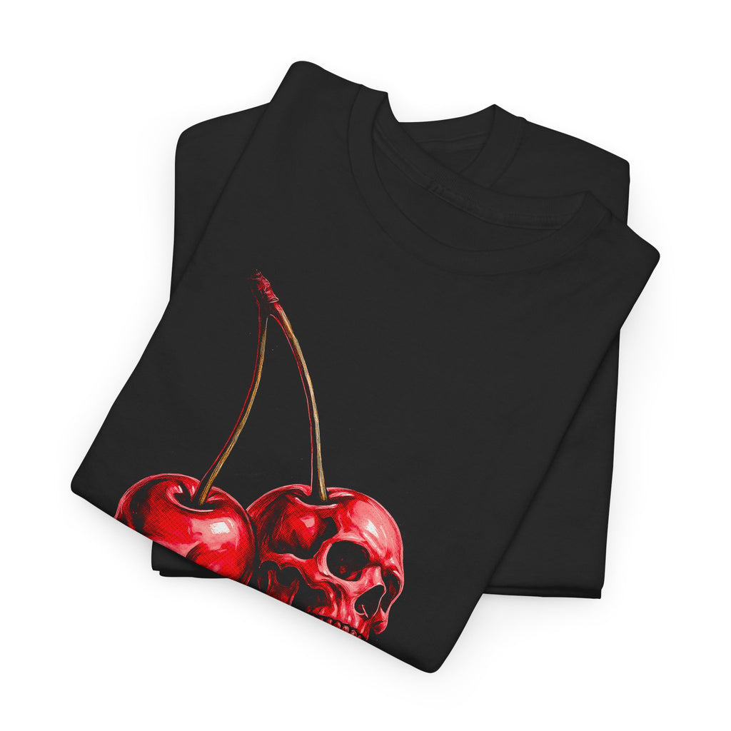 Black t-shirt with red cherries and skull design on a white background