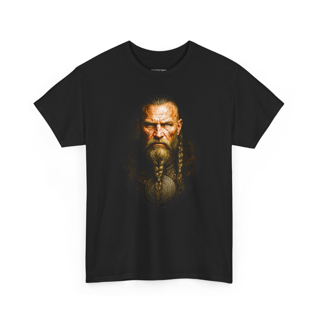 Black t-shirt with a graphic of a bearded man on a white background