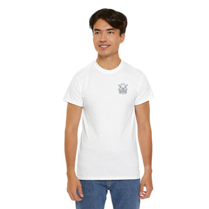 Person wearing a white t-shirt with a logo on a white background