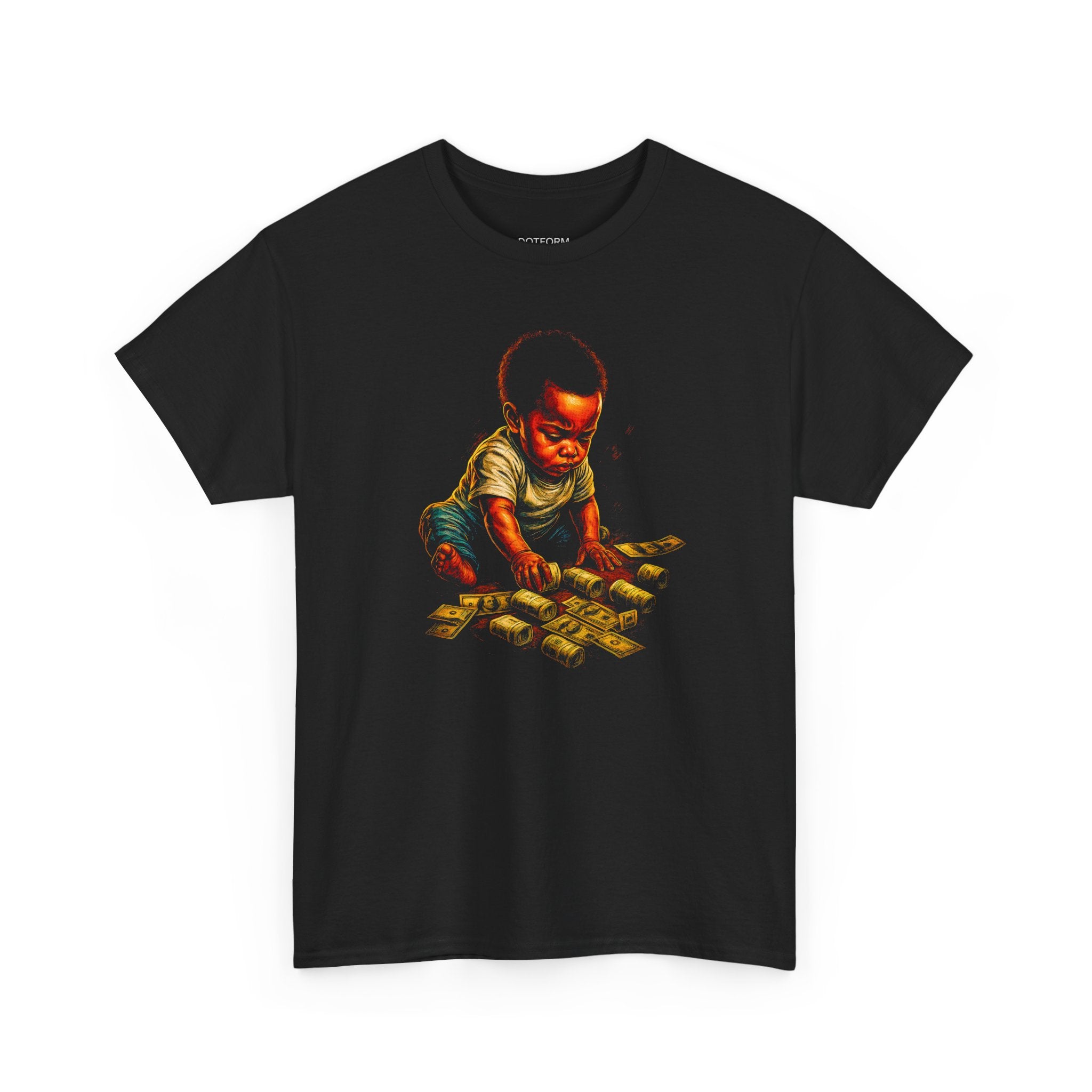 Black t-shirt with a graphic of a child counting money on a white background