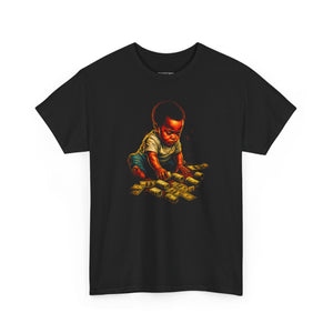 Black t-shirt with a graphic of a child counting money on a white background