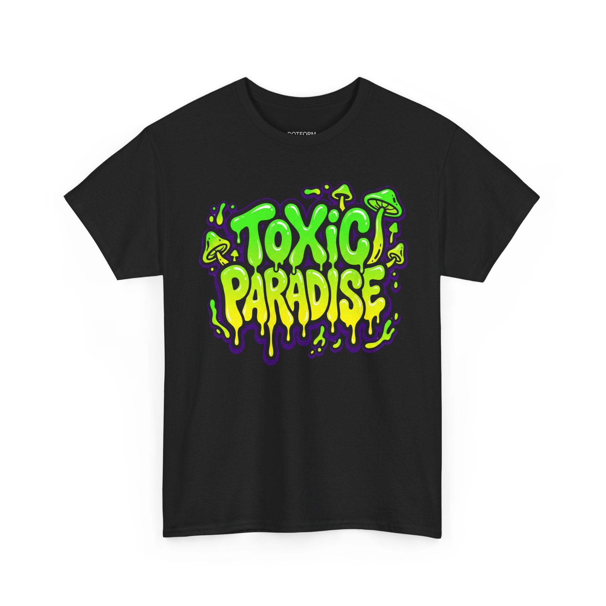 Black t-shirt with 'Toxic Paradise' graphic design on a white background