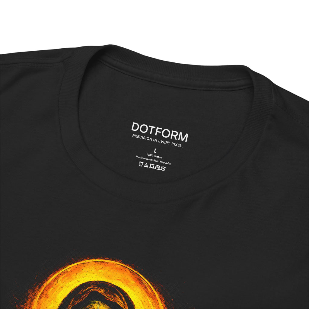 Black t-shirt with a sun graphic and 'DOTFORM' branding on a white background