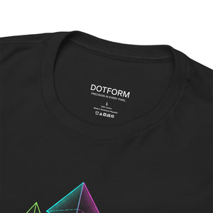 Black t-shirt with geometric design and 'DOTFORM' branding on a white background