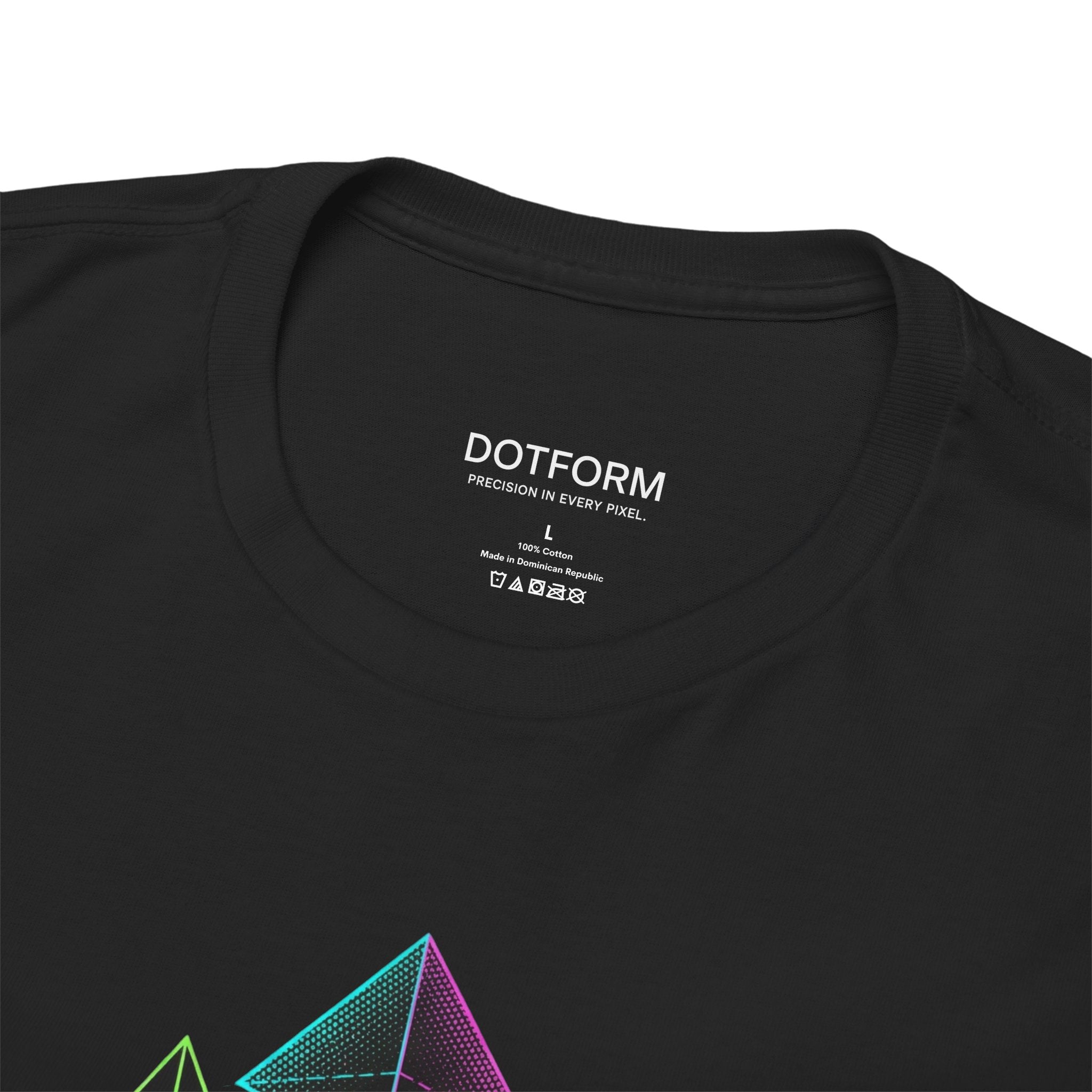 Black t-shirt with geometric design and 'DOTFORM' branding on a white background