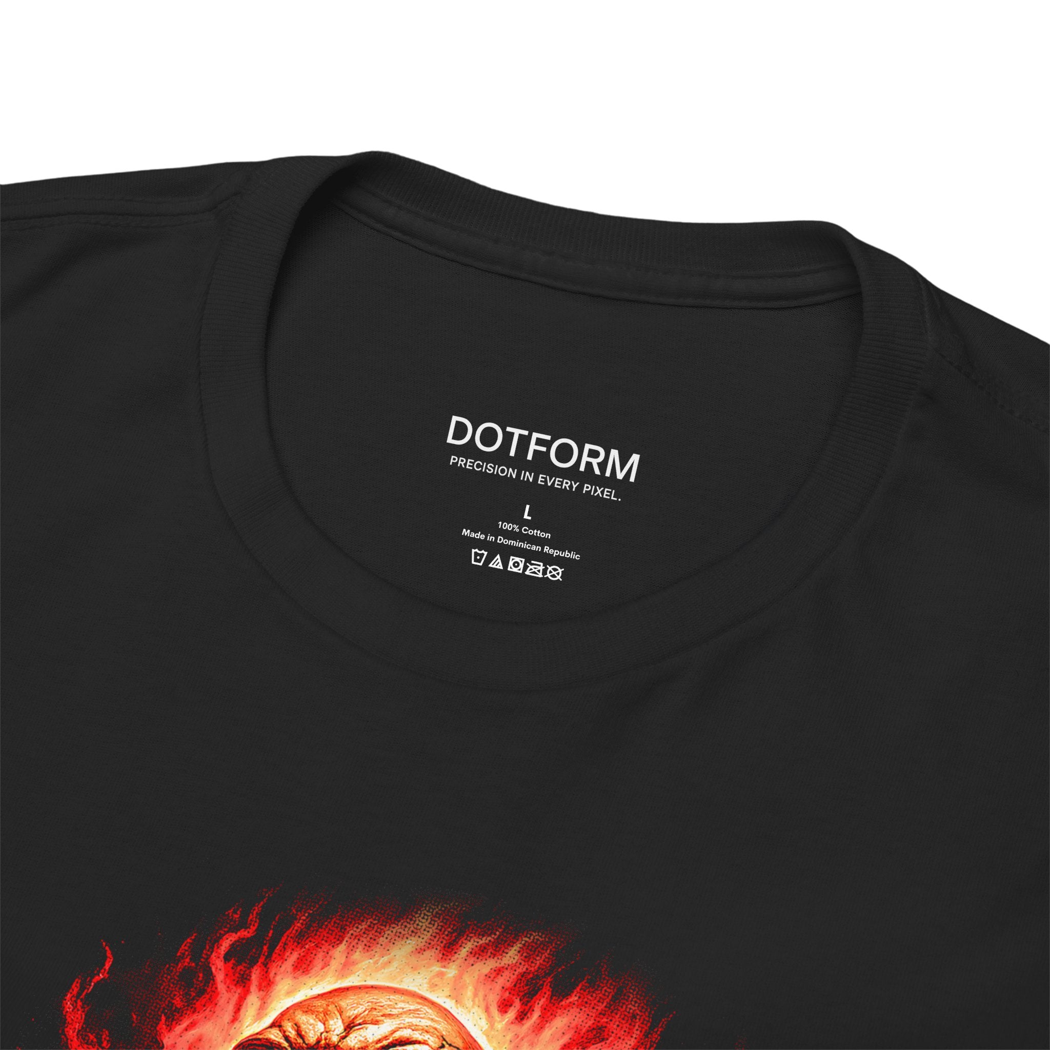 Black t-shirt with a fiery design and 'DOTFORM' branding on the label.