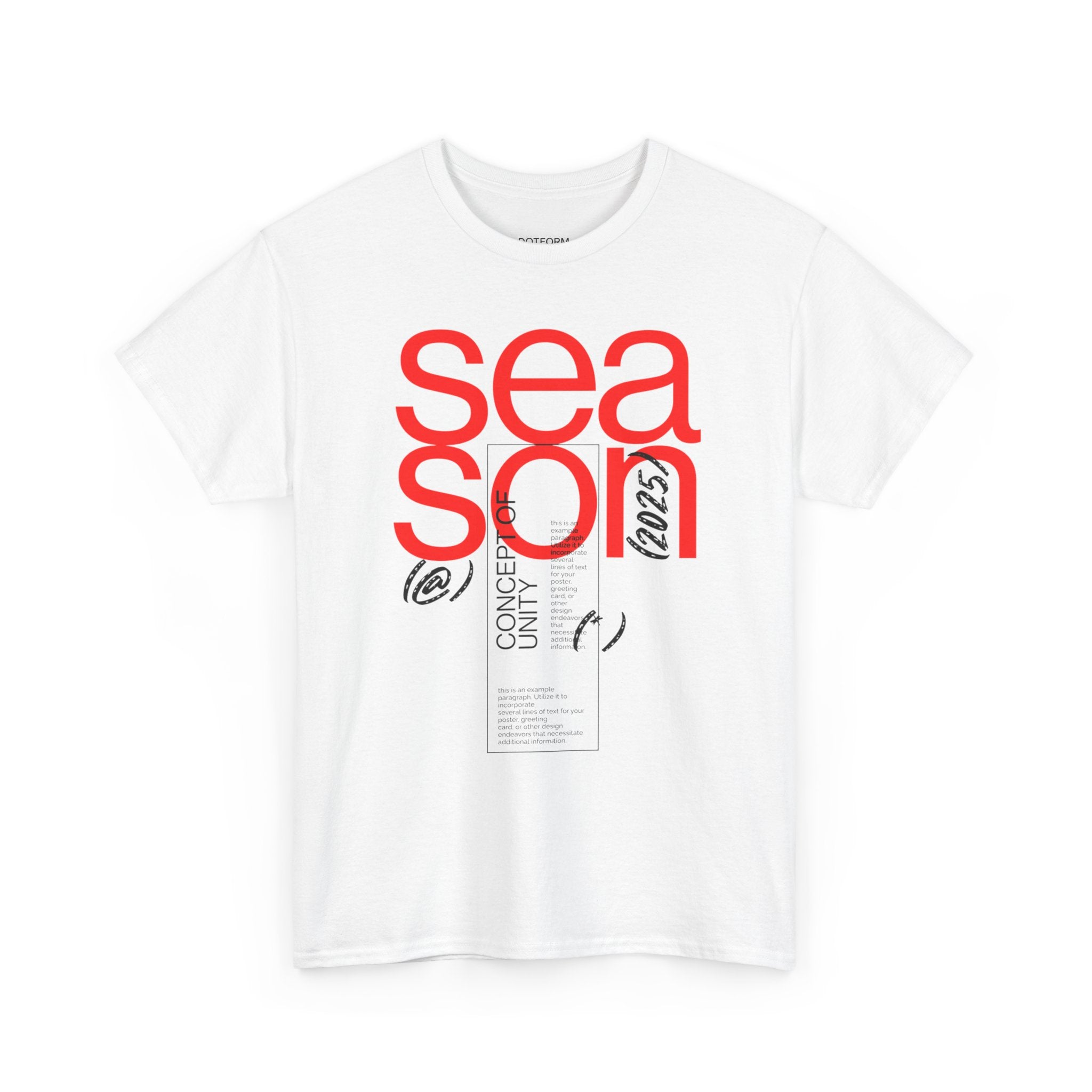 White t-shirt with red and black text on a white background