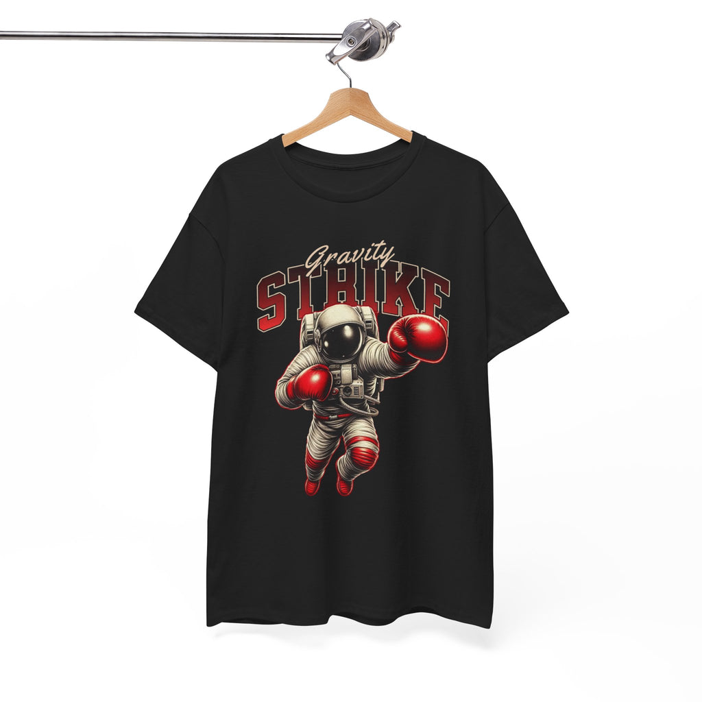 Black t-shirt with an astronaut graphic and 'Gravity Strike' text on a hanger against a white background