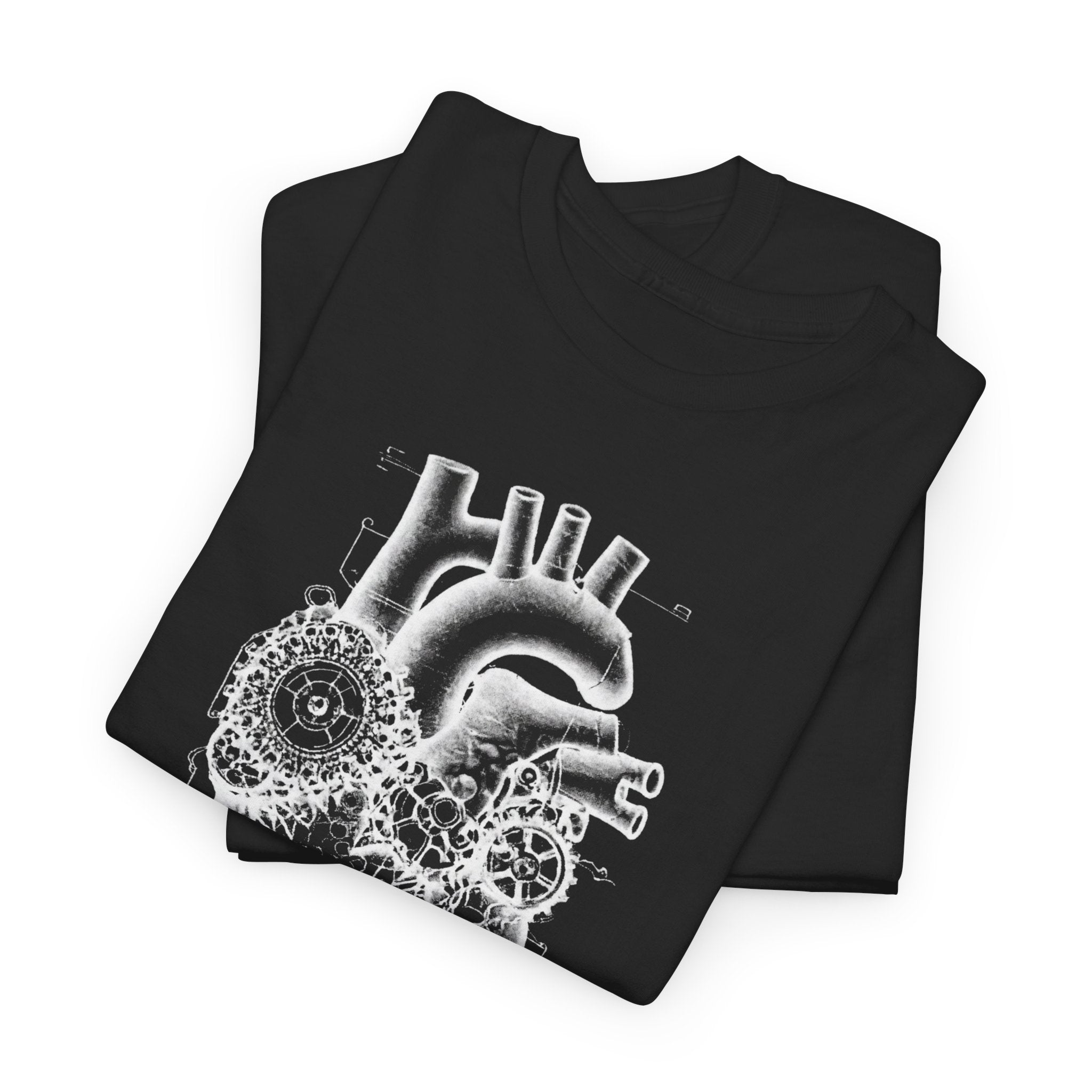 Black t-shirt with a white mechanical heart design on a white background