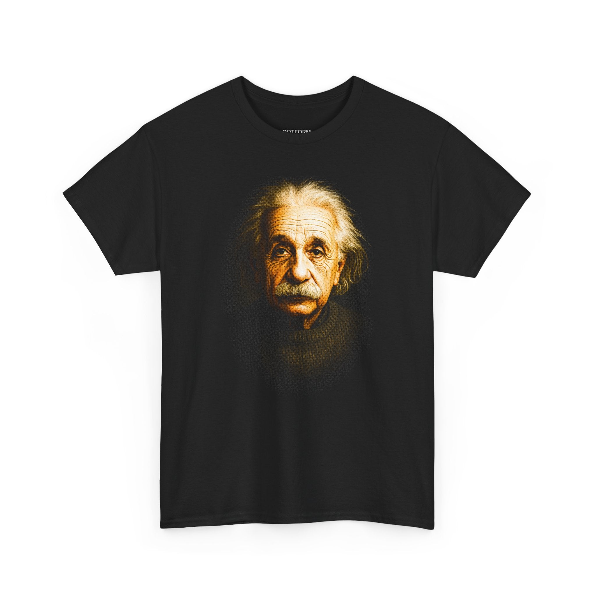 Black t-shirt with a graphic of Albert Einstein on a white background