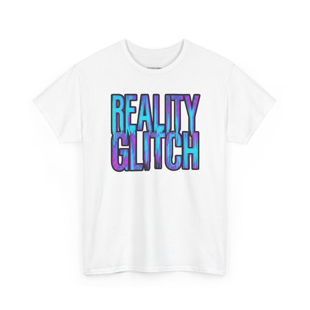 White t-shirt with 'REALITY GLITCH' text in gradient colors on a white background