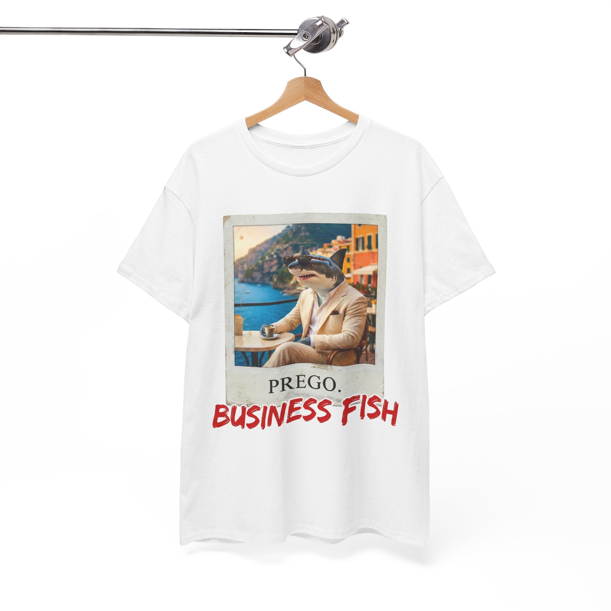 White t-shirt with a graphic design and text on a hanger against a white background