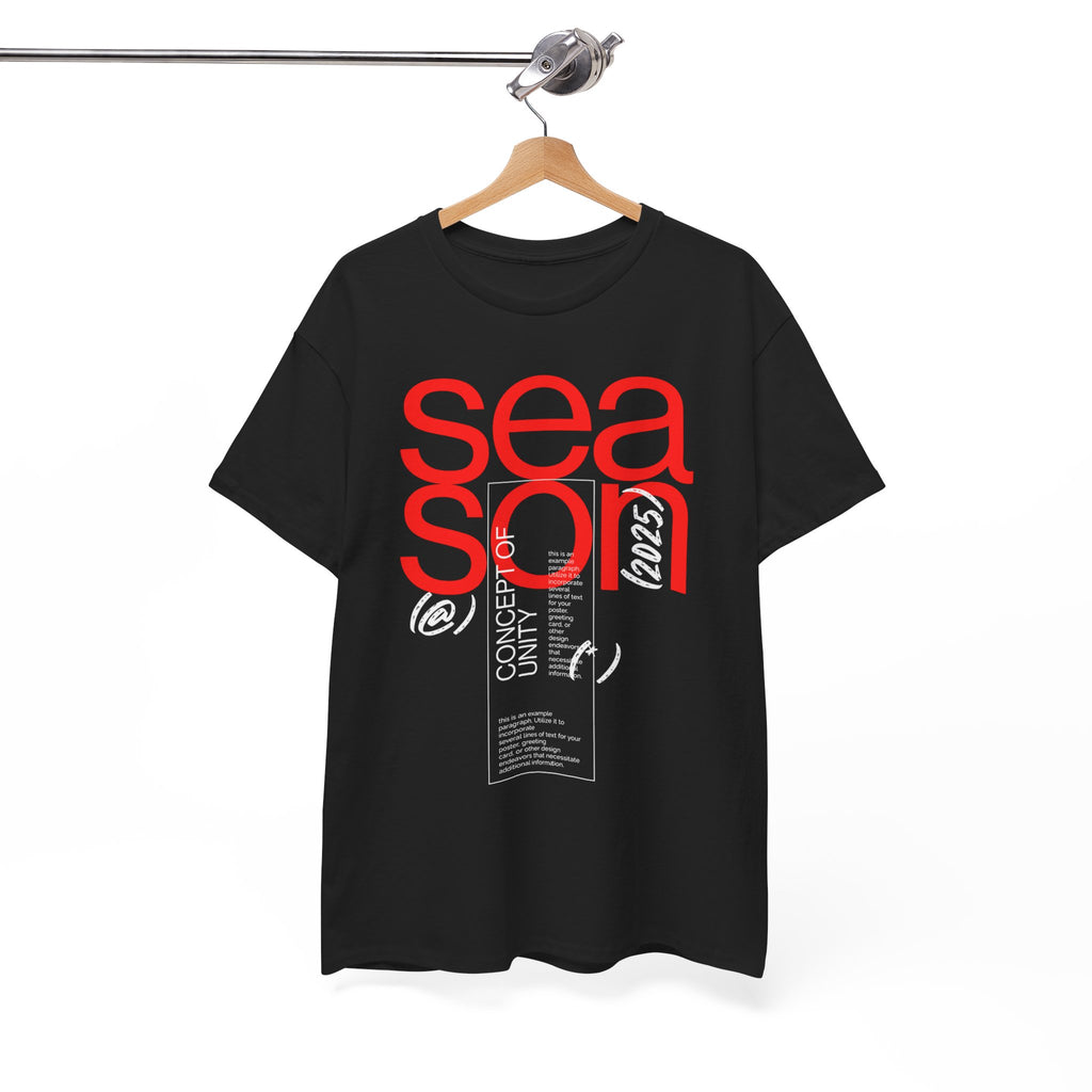 Black t-shirt with red and white text on a hanger against a white background