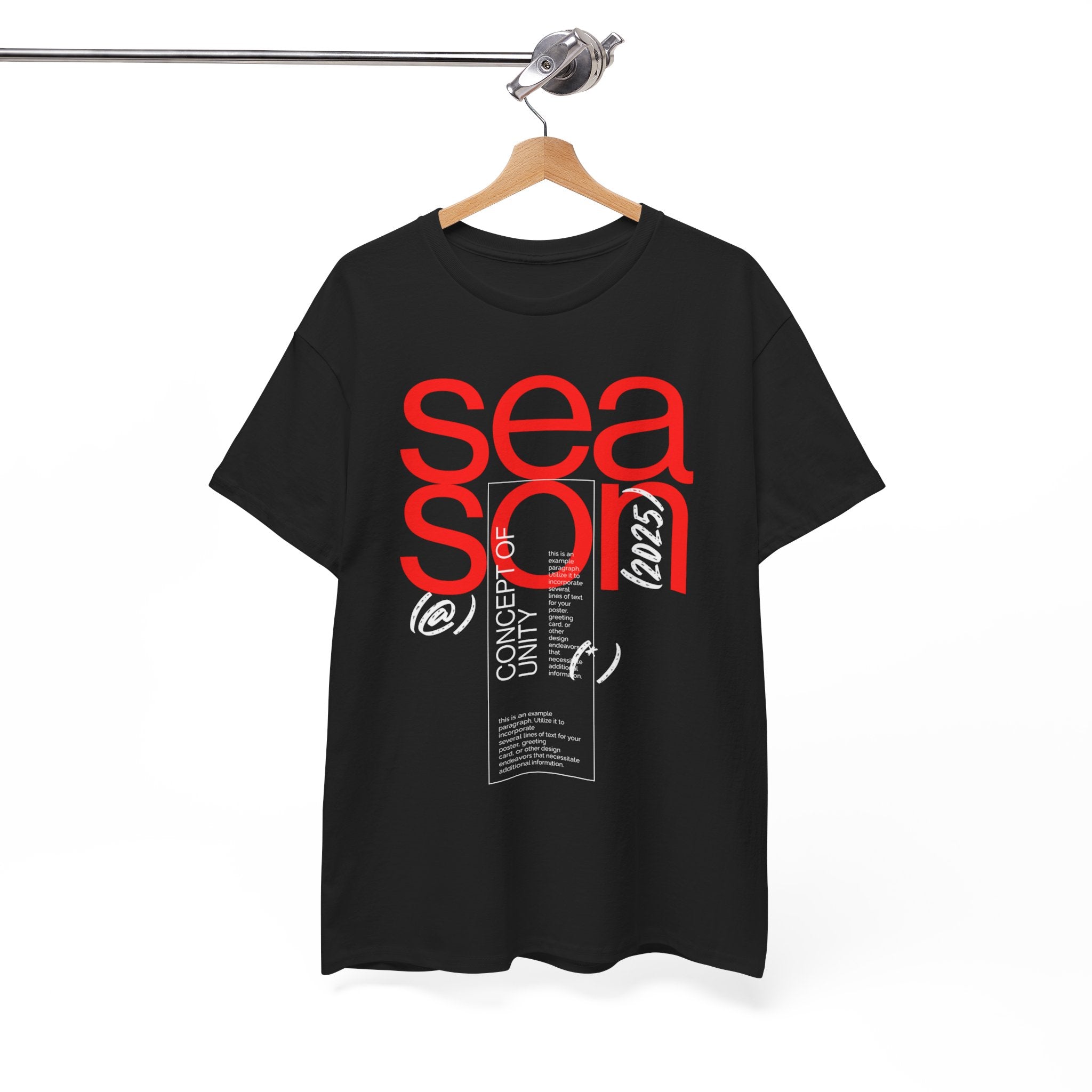 Black t-shirt with red and white text on a hanger against a white background