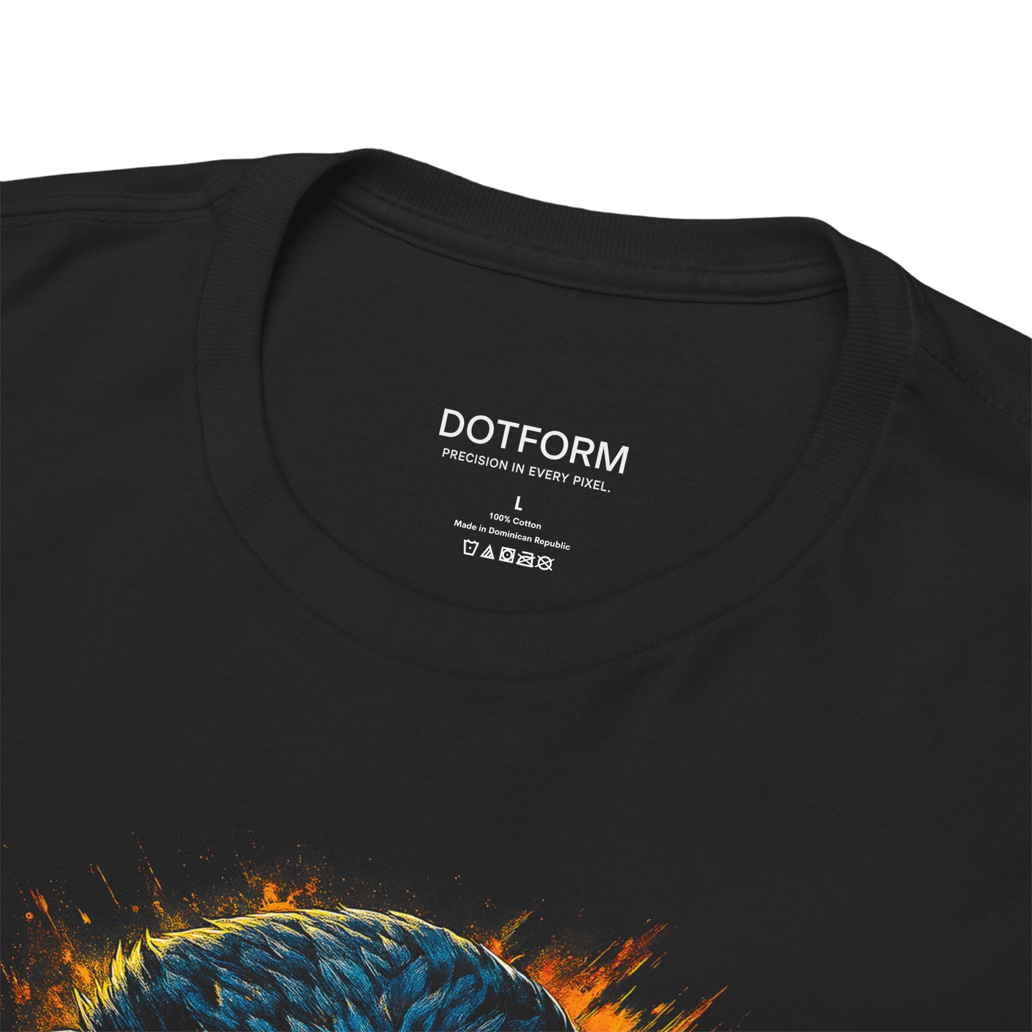 Black t-shirt with a graphic design and 'DOTFORM' branding on the label.