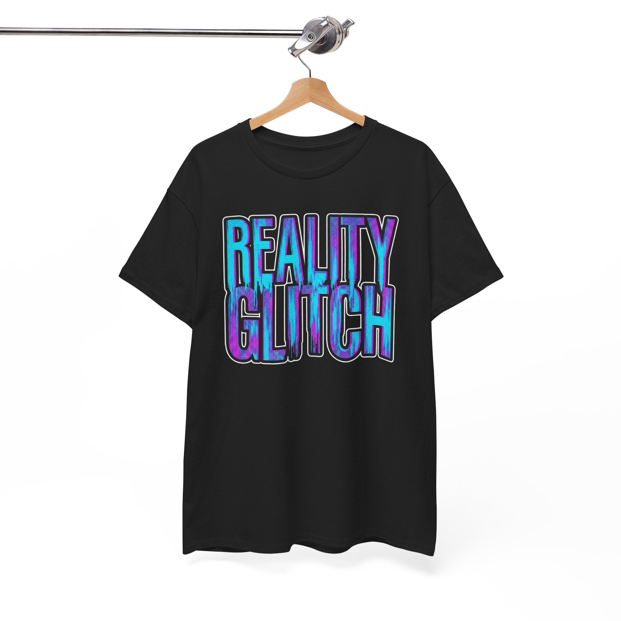 Black t-shirt with 'Reality Glitch' text on a hanger against a white background