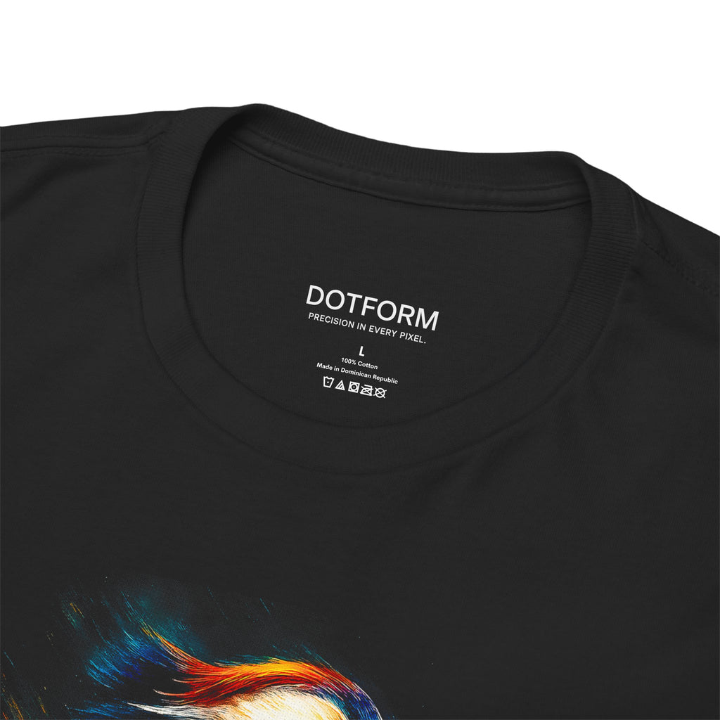 Black t-shirt with 'DOTFORM' branding and colorful design on a white background