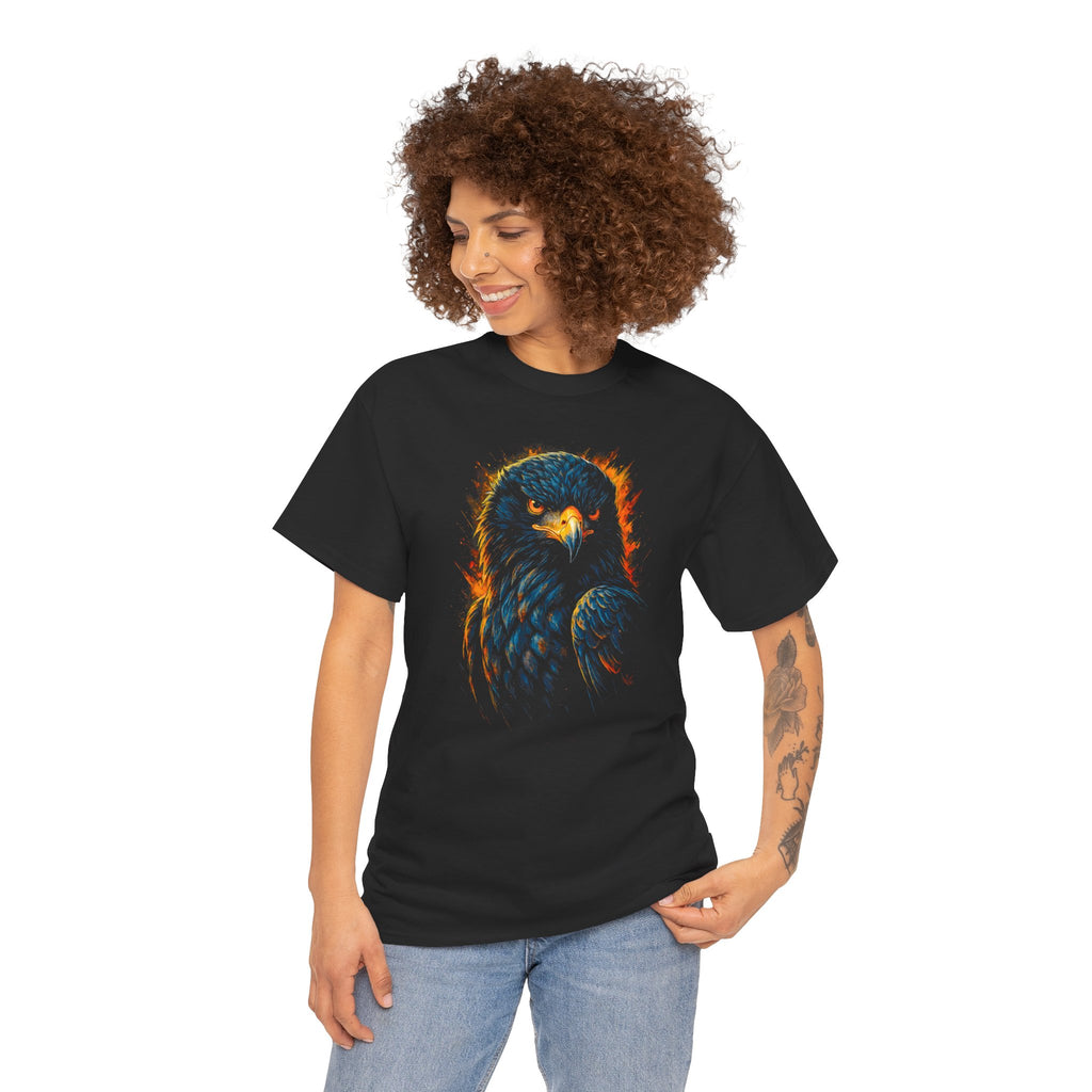 Person wearing a black t-shirt with an eagle design on a white background