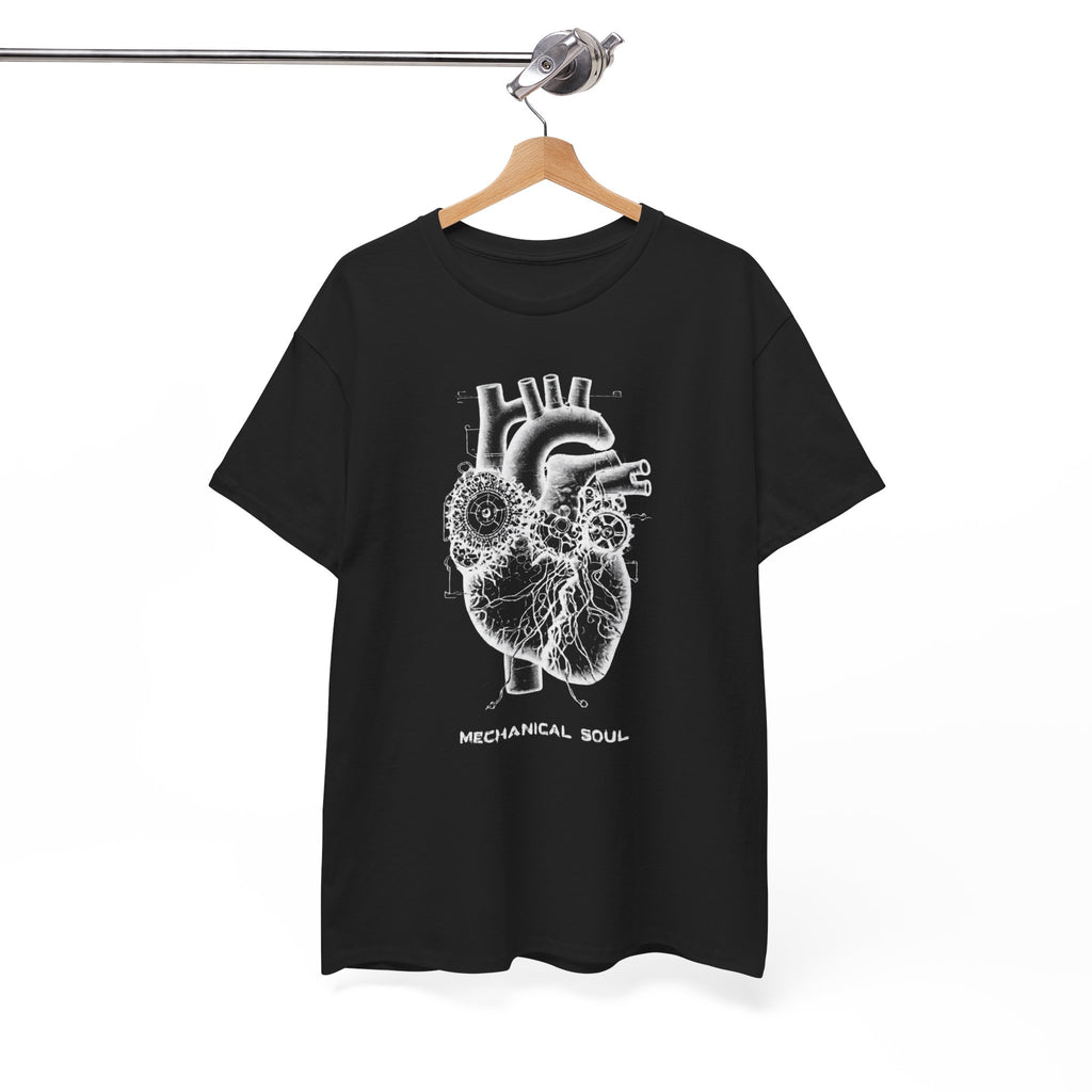 Black t-shirt with white heart design and text on a hanger against a white background