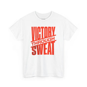 White t-shirt with red 'Victory Through Sweat' text on a white background