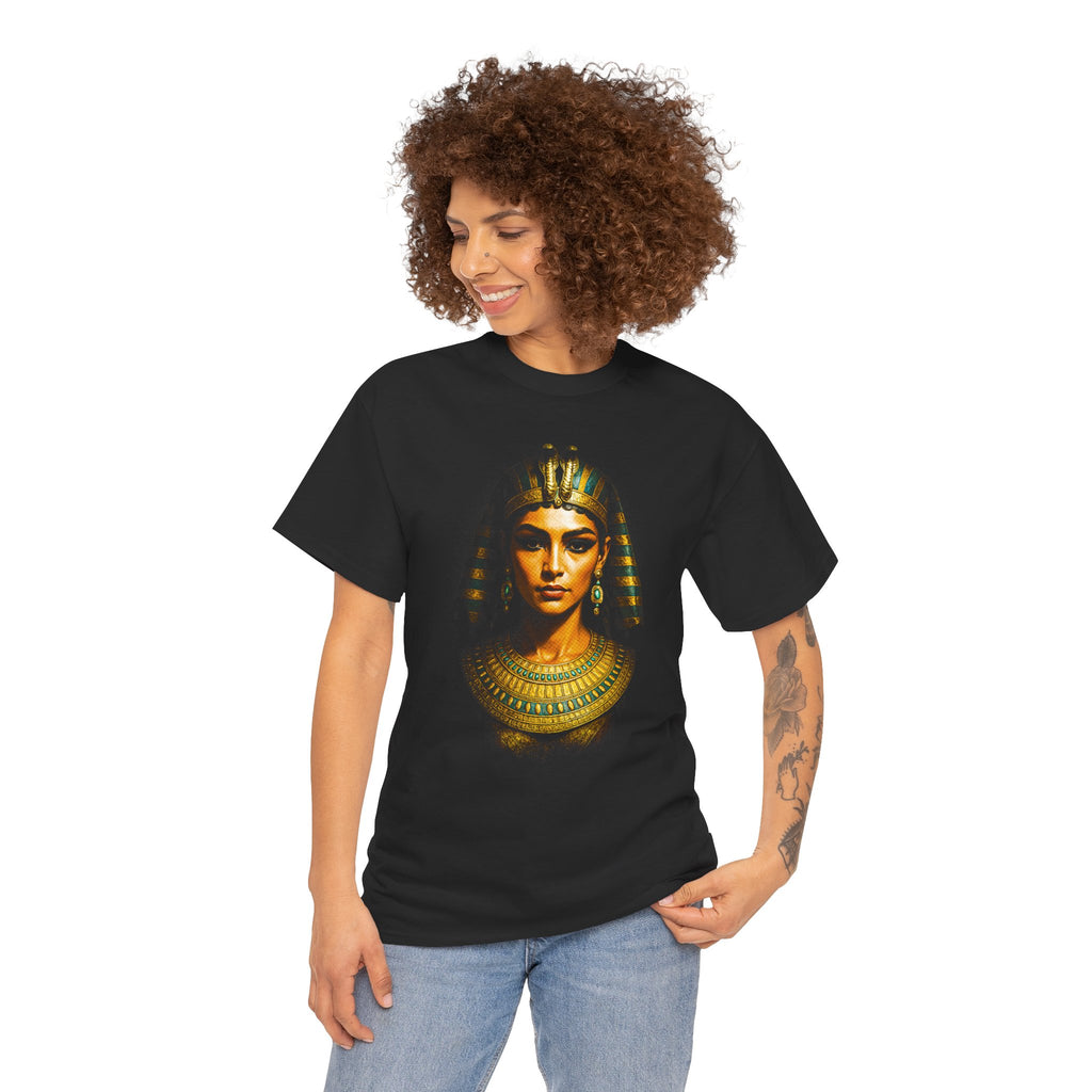 Woman wearing a black t-shirt with an Egyptian-themed design on a white background