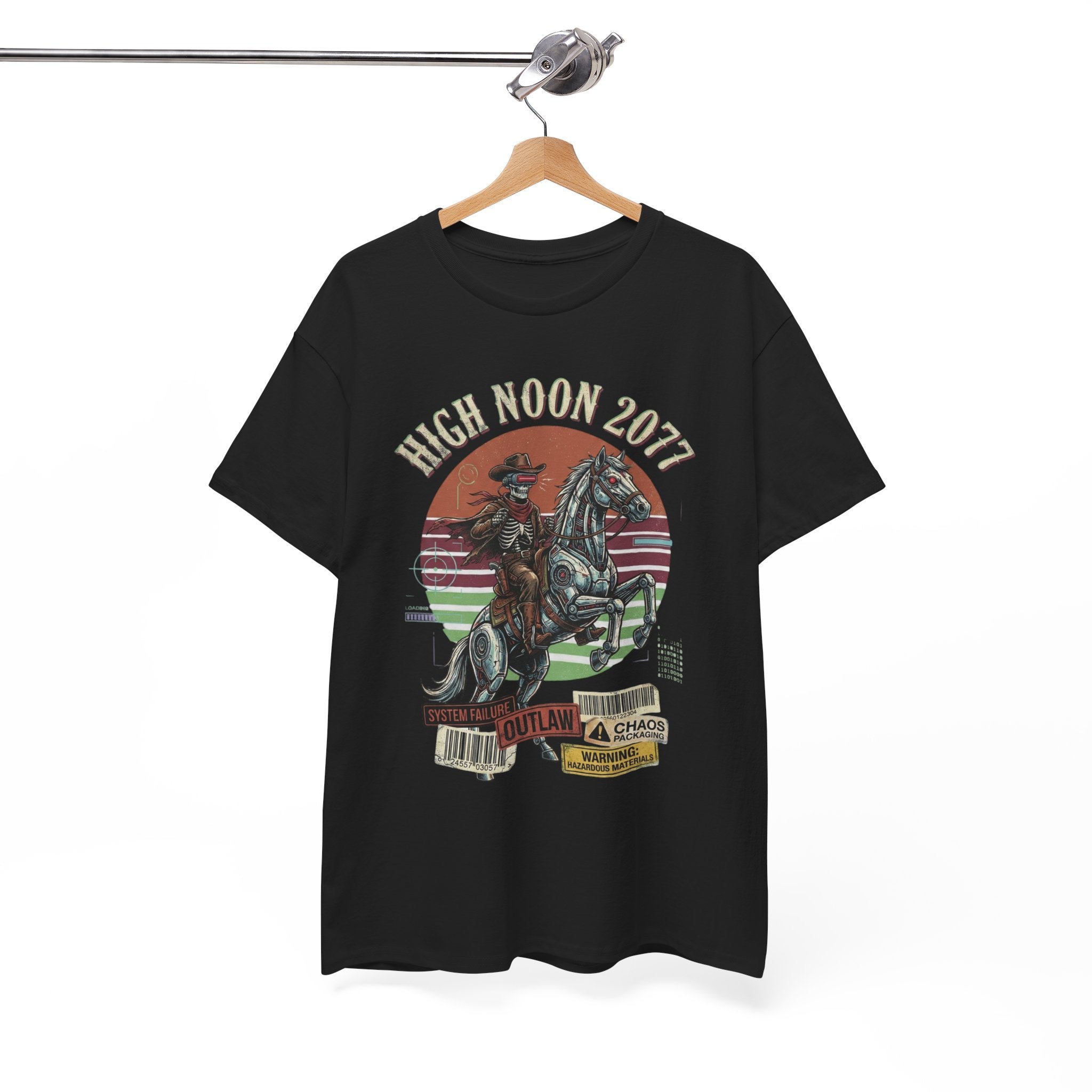Black t-shirt with a graphic design of a cowboy on a horse and text 'High Noon 2077' on a hanger against a white background.