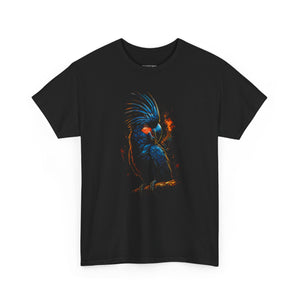 Black t-shirt with a colorful parrot design on a white background