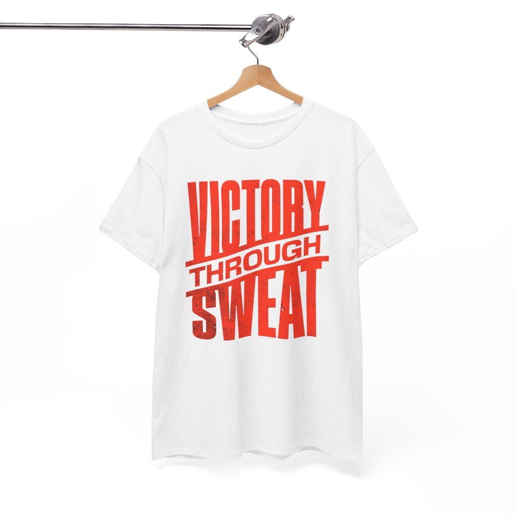 White t-shirt with red text 'VICTORY THROUGH SWEAT' on a hanger against a white background