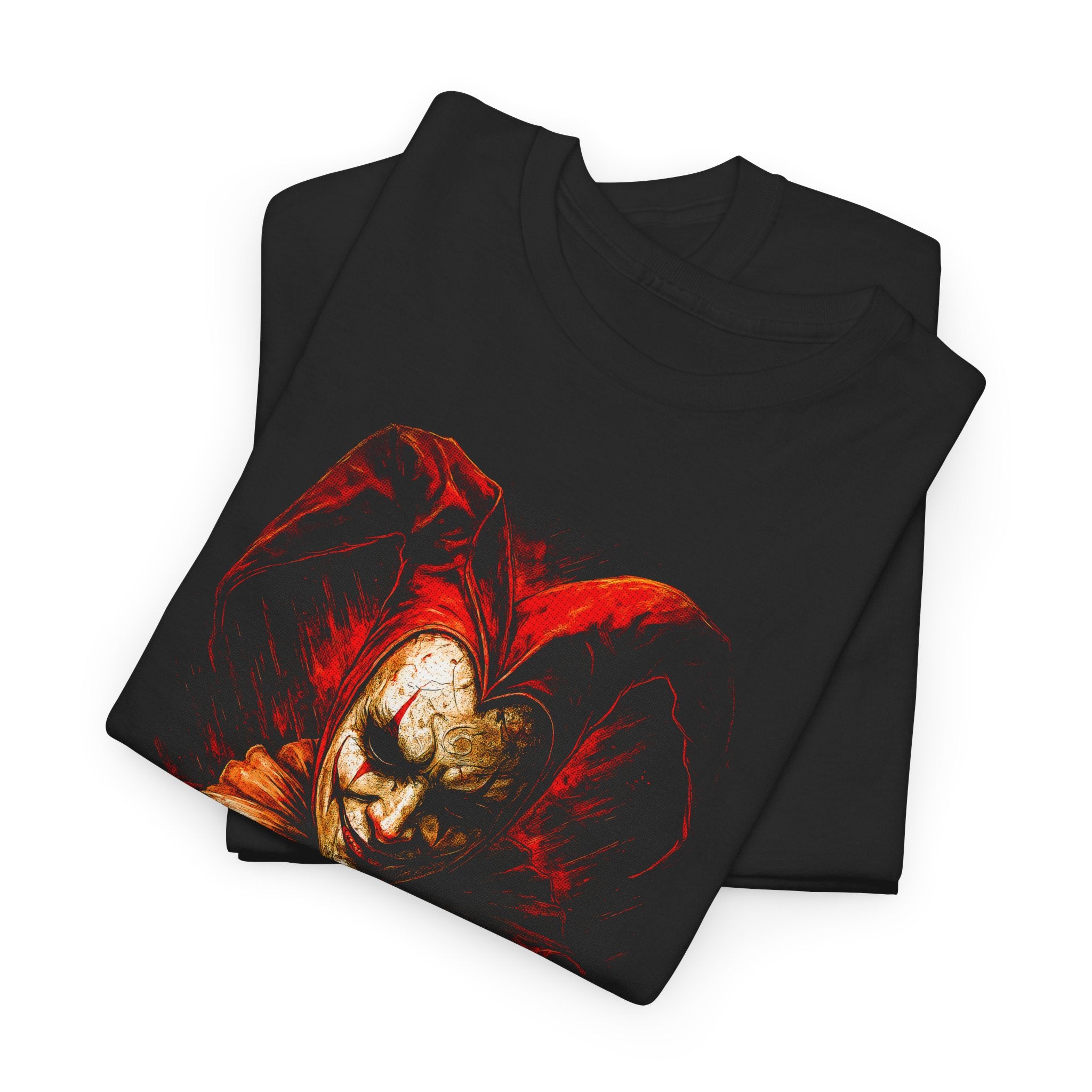 Black t-shirt with a red and gold graphic design on a white background