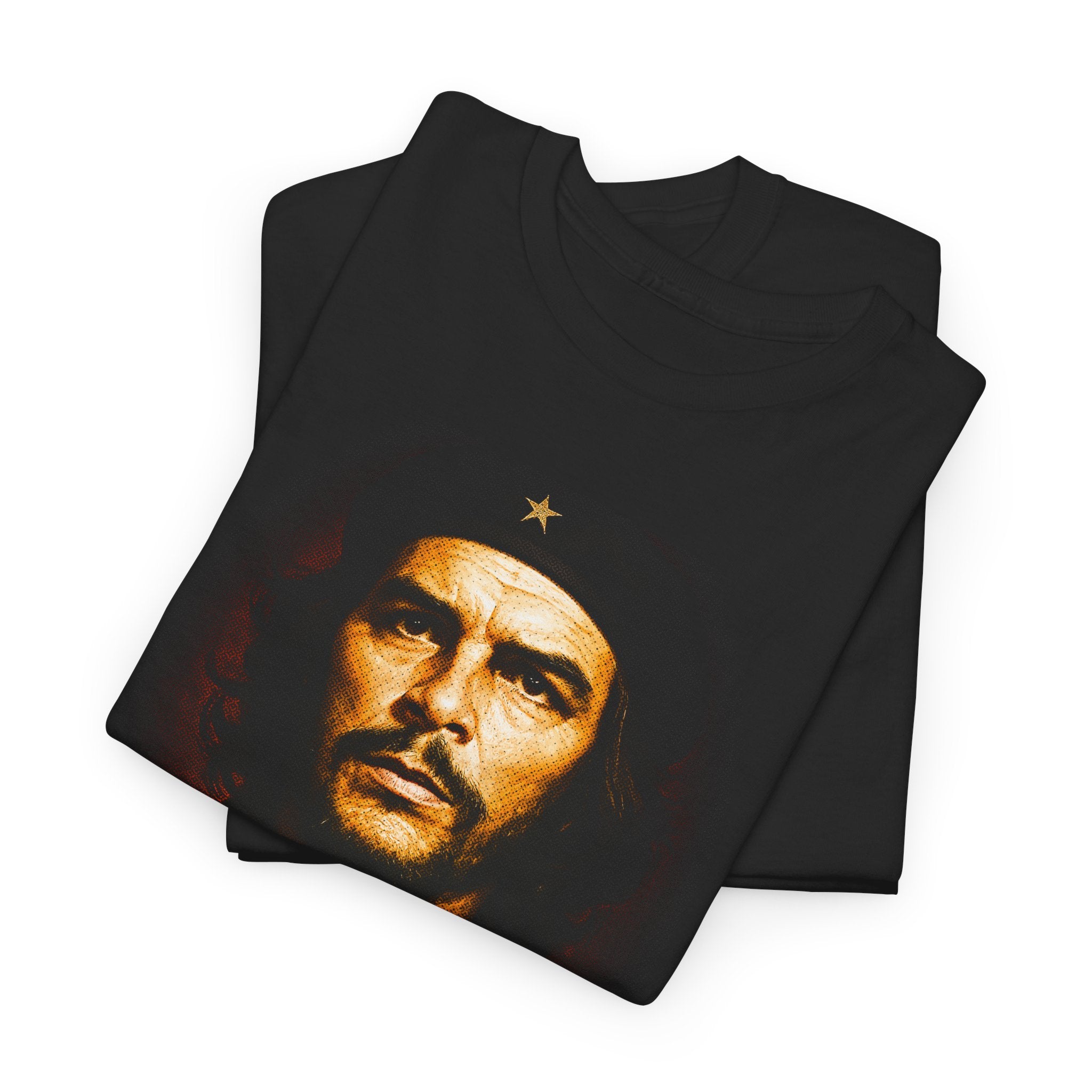 Black t-shirt with a graphic of a face and star on a white background