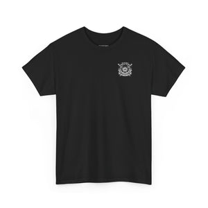 Black t-shirt with a small white logo on the chest against a white background