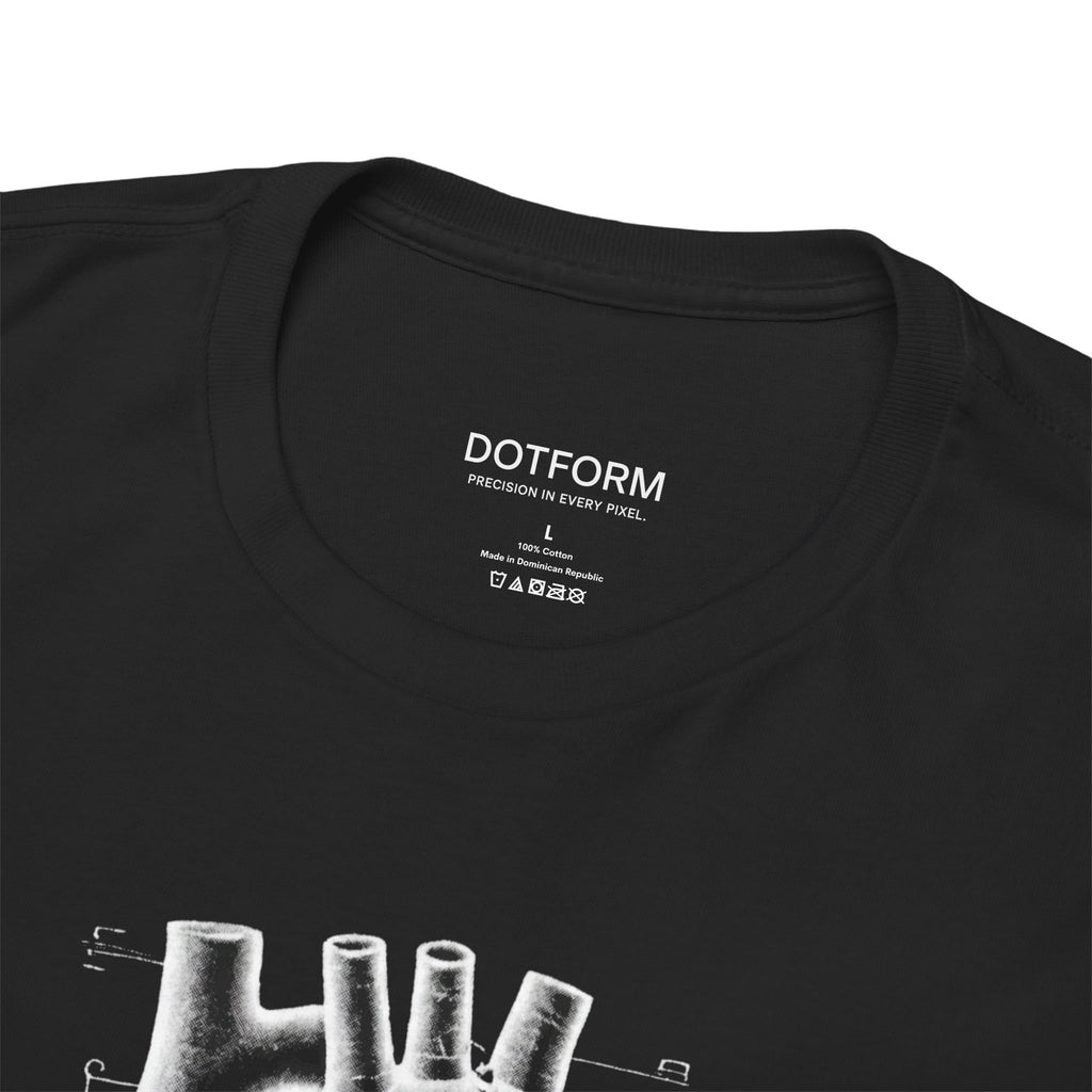 Black t-shirt with 'DOTFORM' branding and ship illustration on a white background