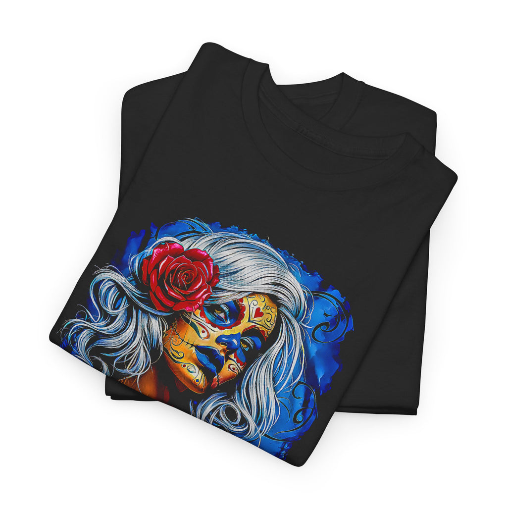 Black t-shirt with a colorful skull and rose design on a white background
