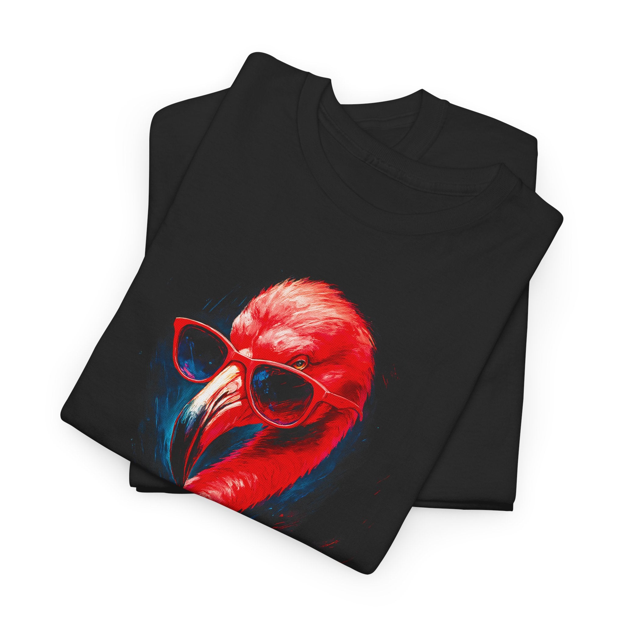 Black t-shirt with a red flamingo wearing sunglasses design on a white background
