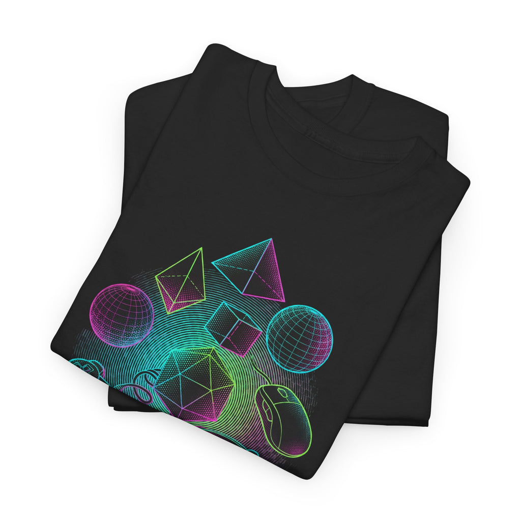 Black t-shirt with colorful geometric shapes on a white background