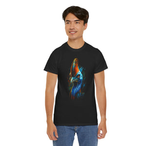 Person wearing a black t-shirt with a colorful bird design on a white background