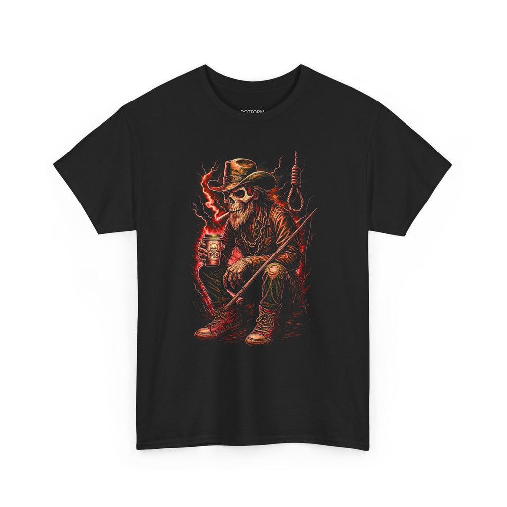 Black t-shirt with a graphic of a skeleton cowboy holding a gun and a bottle on a white background.