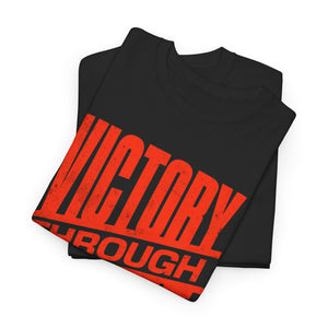 Black t-shirt with red 'VICTORY THROUGH' text on a white background