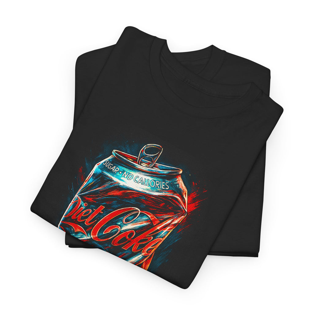 Black t-shirt with a colorful Diet Coke can graphic on a white background