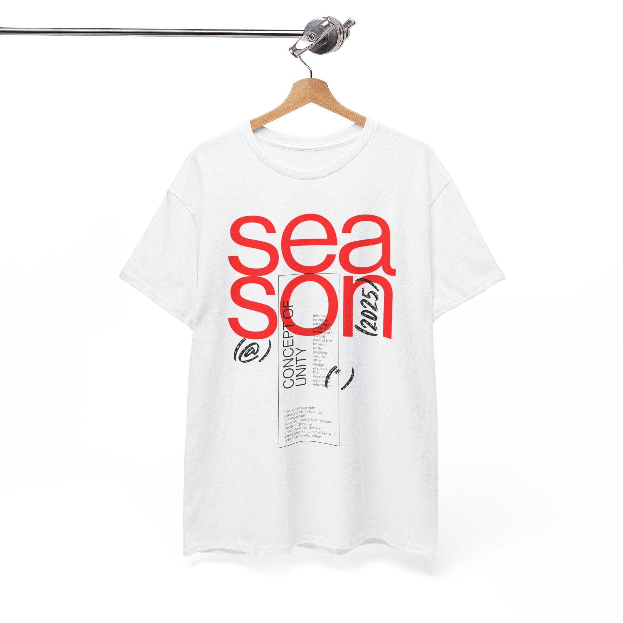 White t-shirt with red text on a hanger against a white background