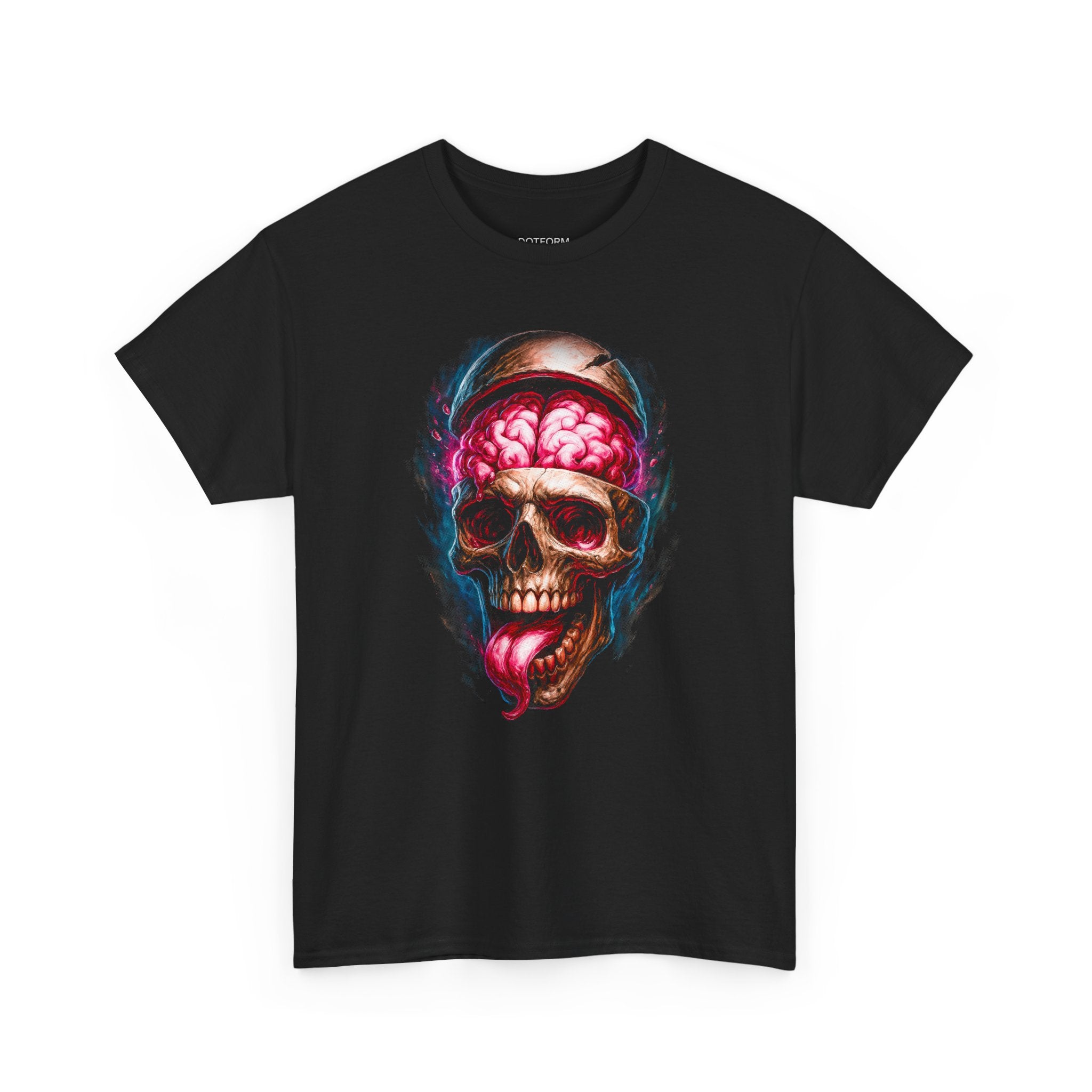 Black t-shirt with a colorful skull and brain design on a white background