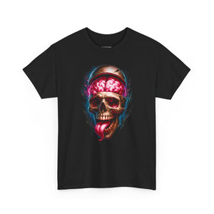 Black t-shirt with a colorful skull and brain design on a white background