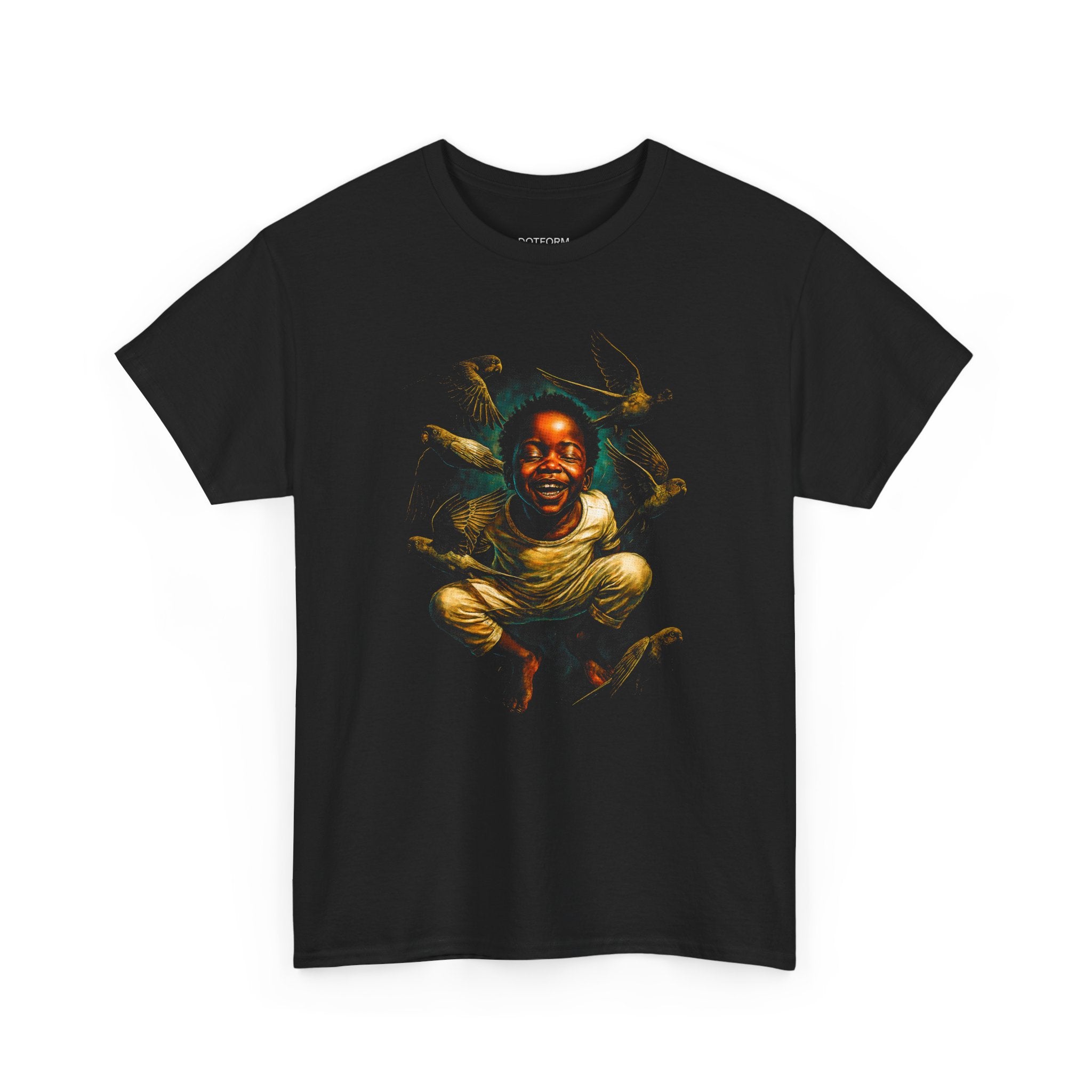 Black t-shirt with a graphic design of a child sitting cross-legged on a white background